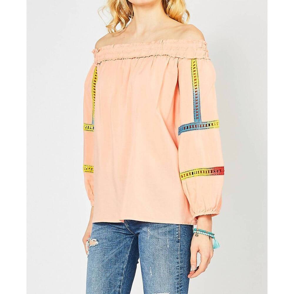 NEW ENTRO off the shoulder crochet top in peach - Picture 5 of 8